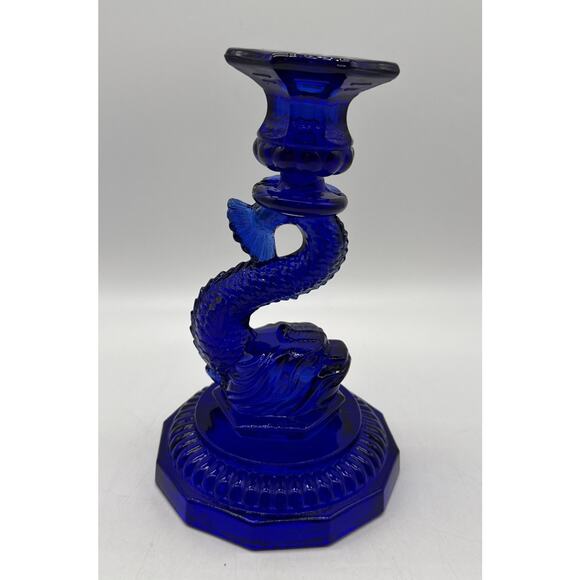 VINTAGE COBALT BLUE GLASS KOI FISH DRAGON TAPER CANDLESTICK CANDLE HOLDER. - Picture 1 of 7